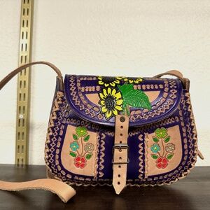 Mexican Leather Stitched Floral Embossed Purse Purple Purse